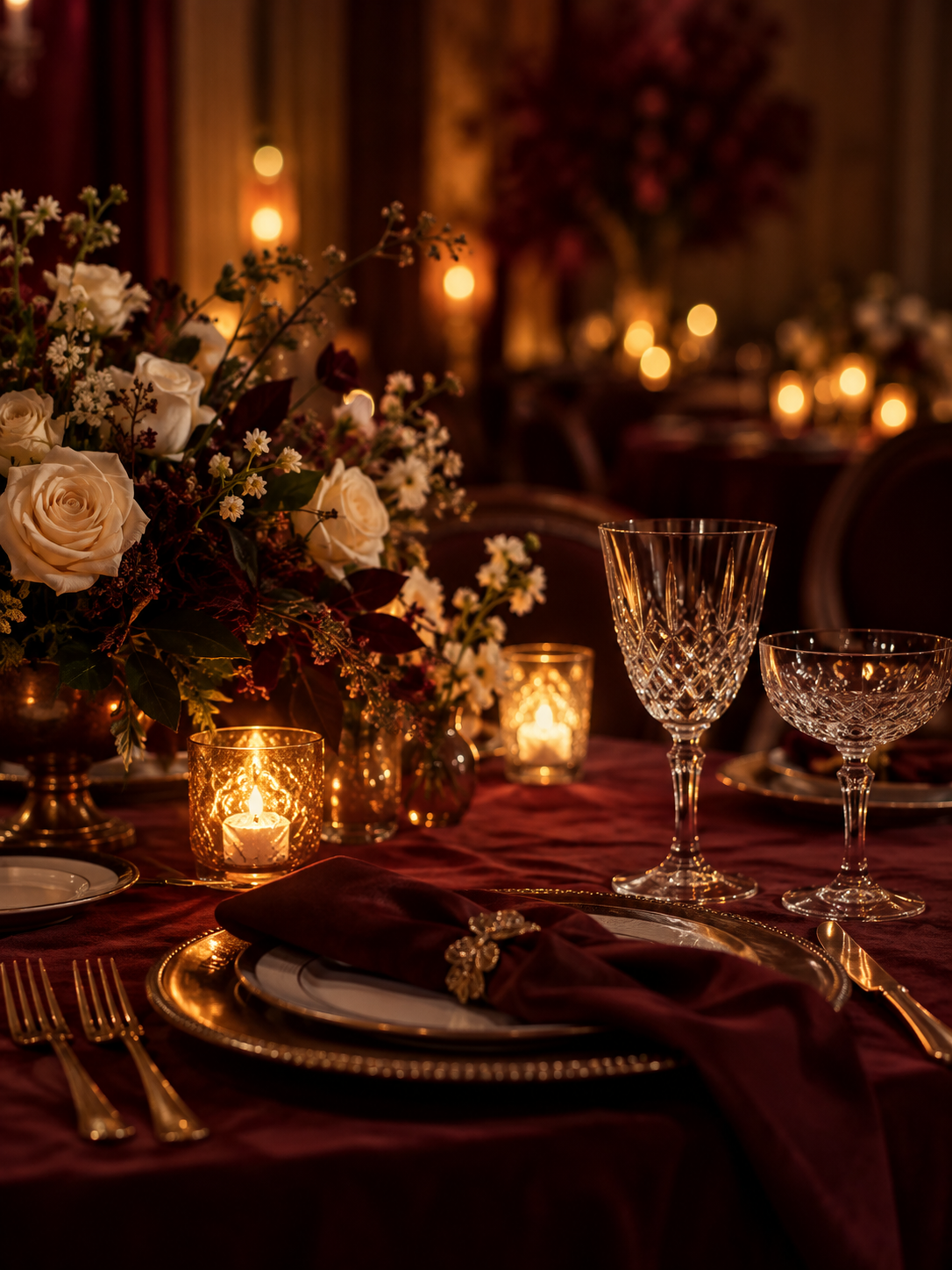 Candlelit table with burgundy linen, ivory flowers, and crystal glassware